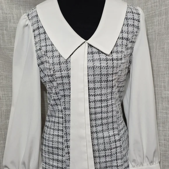 Plaid Tweed Dress Bow Front Long Sleeve, Mini Houndstooth, Preppy, Clueless Med - Picture 7 of 10